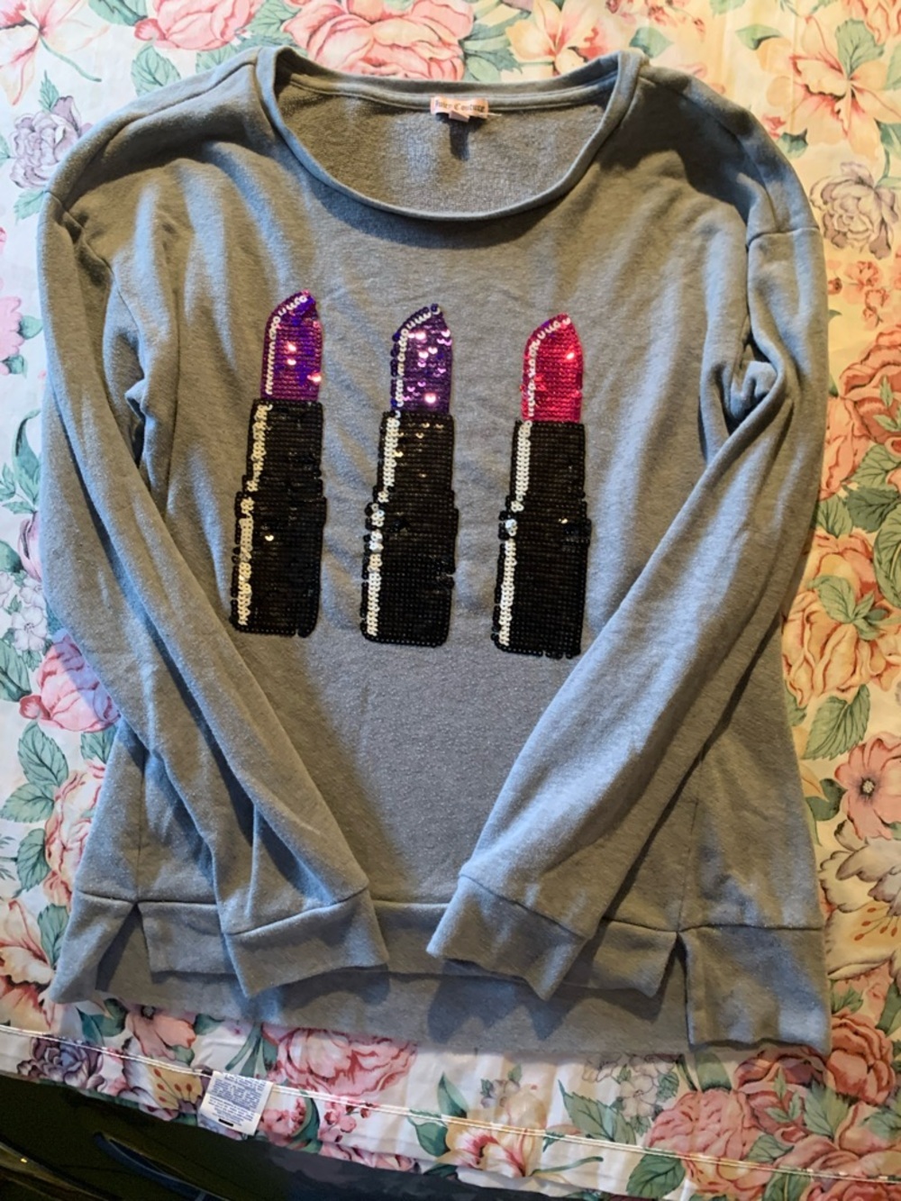 Juicy Couture Grey Sweatshirt with Sequin Lipstick Motifs Size Medoum
